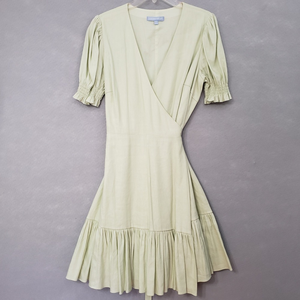 Antonio Melani Womens 12 Wrap Dress Pale Green Linen Puff Sleeve Ruffle Hem